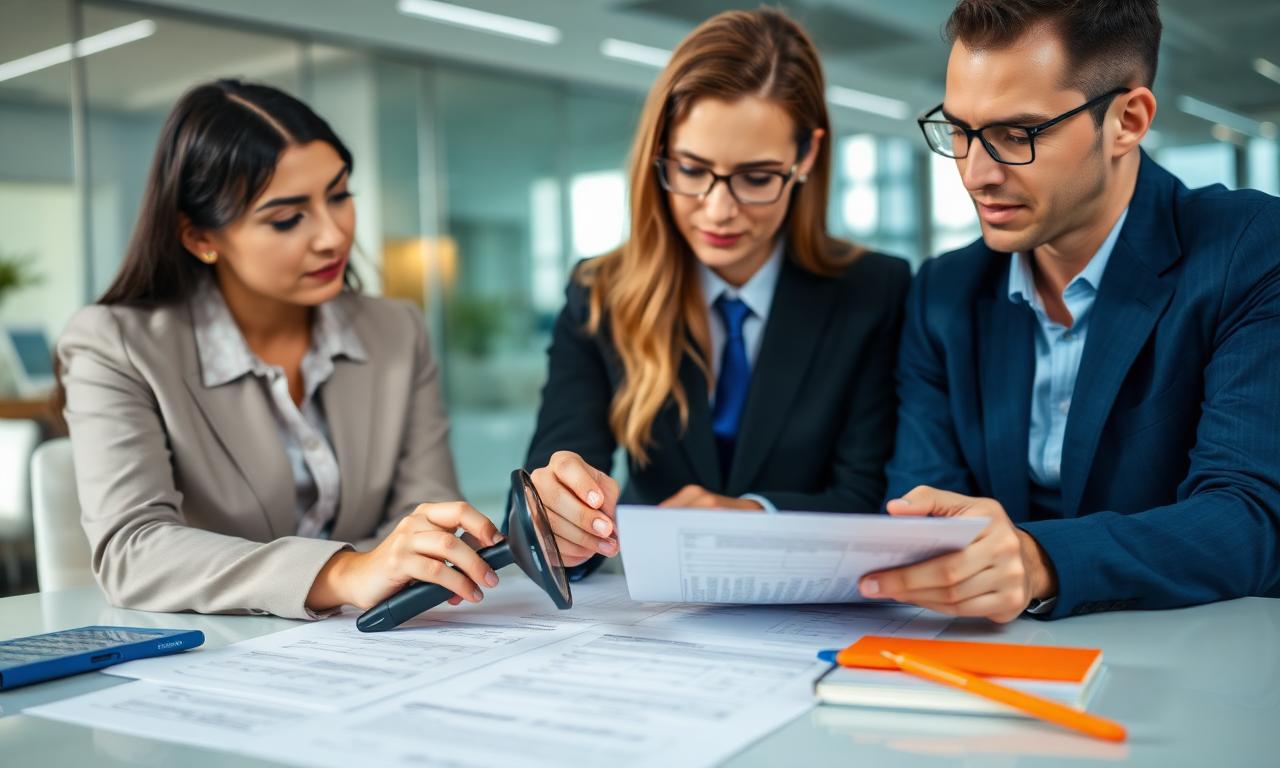 Equipo profesional revisando documentos de control interno con lupa en oficina moderna