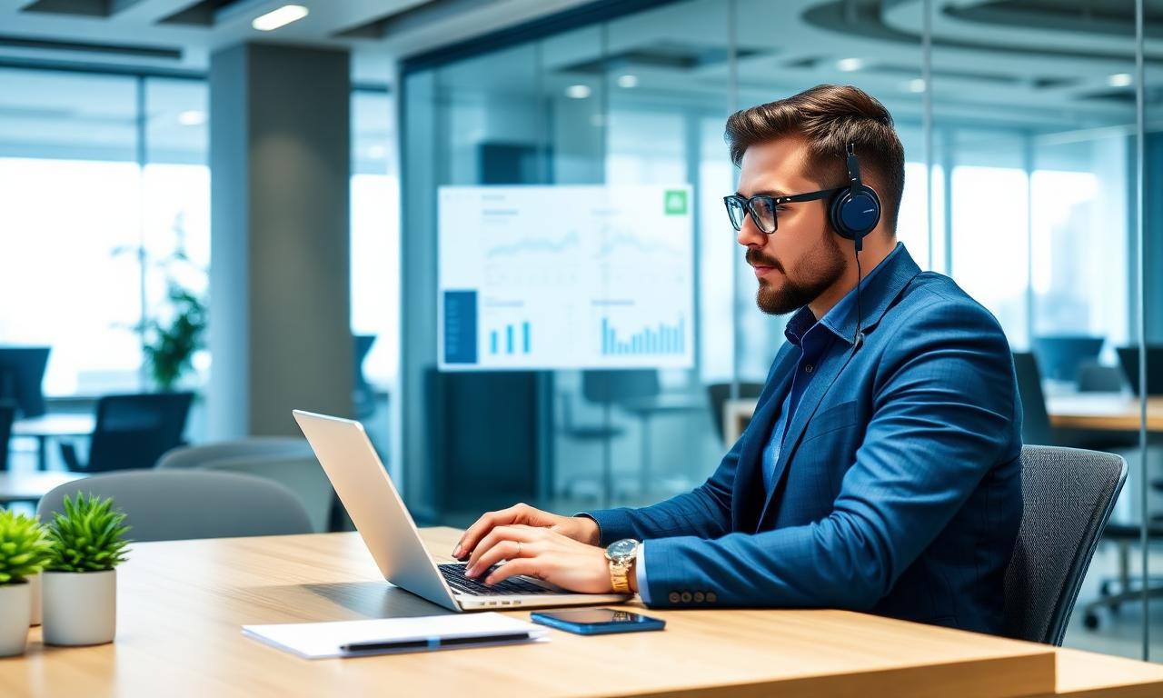 Contador profesional trabajando con laptop y tableros financieros en tiempo real