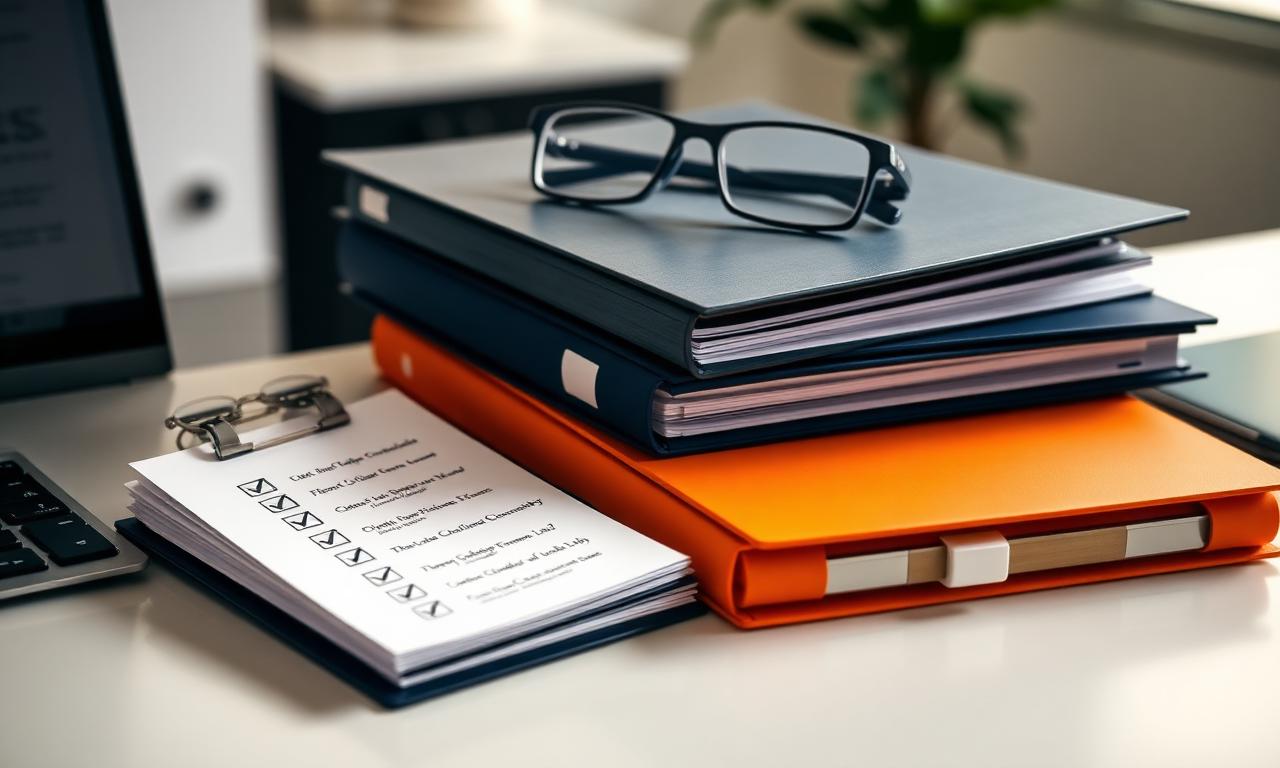 Carpetas organizadas y checklist sobre escritorio moderno