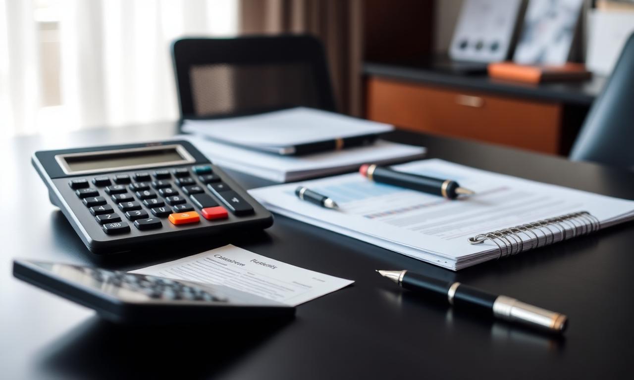 Escritorio de oficina con documentos financieros y calculadora